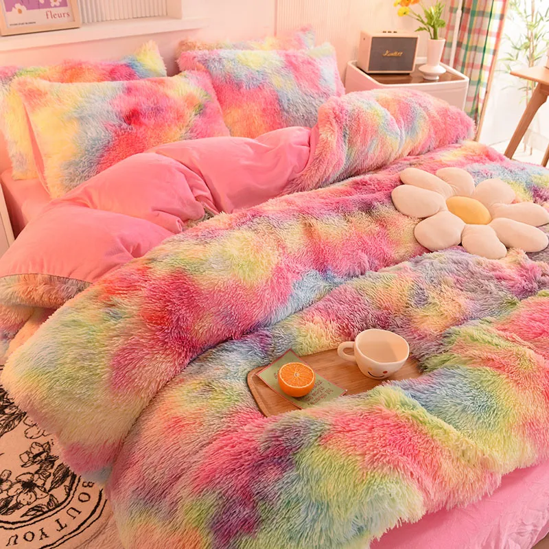 3Pcs Super Shaggy Coral Fleece Warm Cozy Princess Bedding Set Mink Velvet Duvet Cover Set Bed Comforter Cover Blanket Pillowcase
