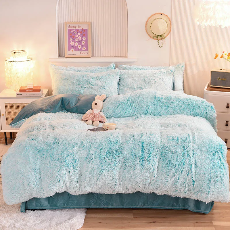 3Pcs Super Shaggy Coral Fleece Warm Cozy Princess Bedding Set Mink Velvet Duvet Cover Set Bed Comforter Cover Blanket Pillowcase