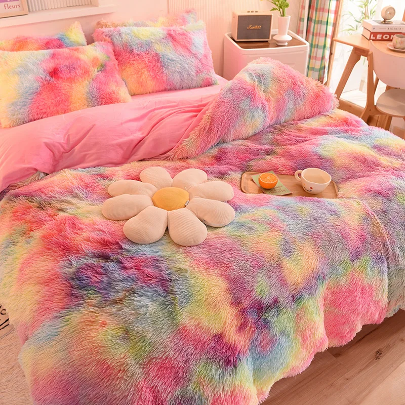 3Pcs Super Shaggy Coral Fleece Warm Cozy Princess Bedding Set Mink Velvet Duvet Cover Set Bed Comforter Cover Blanket Pillowcase