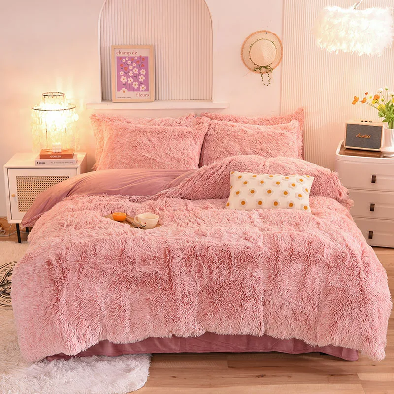 3Pcs Super Shaggy Coral Fleece Warm Cozy Princess Bedding Set Mink Velvet Duvet Cover Set Bed Comforter Cover Blanket Pillowcase