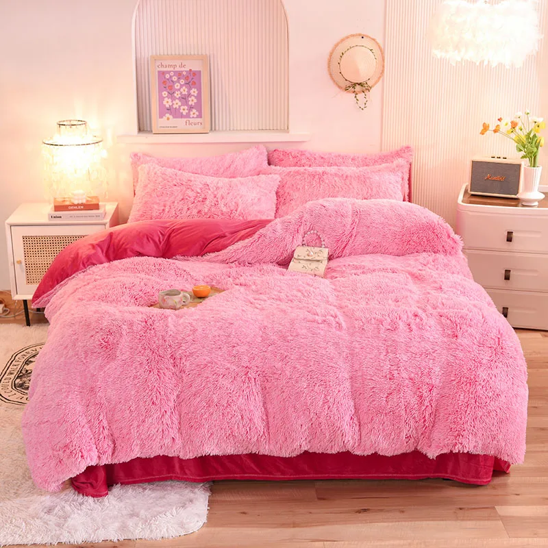 3Pcs Super Shaggy Coral Fleece Warm Cozy Princess Bedding Set Mink Velvet Duvet Cover Set Bed Comforter Cover Blanket Pillowcase