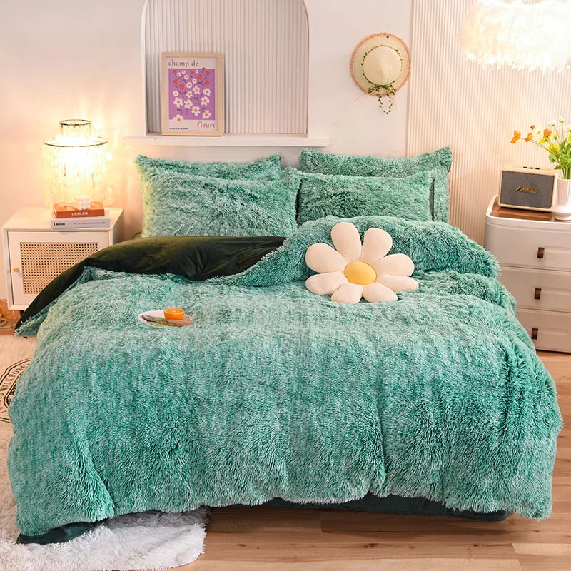 3Pcs Super Shaggy Coral Fleece Warm Cozy Princess Bedding Set Mink Velvet Duvet Cover Set Bed Comforter Cover Blanket Pillowcase