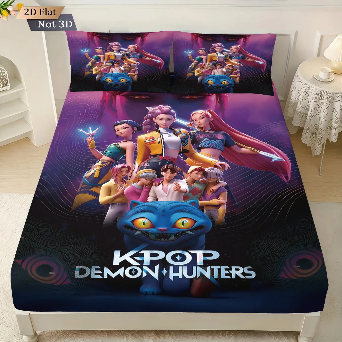 3pcs K-Pop Demon Hunters Print coreless fitted sheet Set Multiple Size Bedrooms Dormitory Bedcover Decoration Machine Washable
