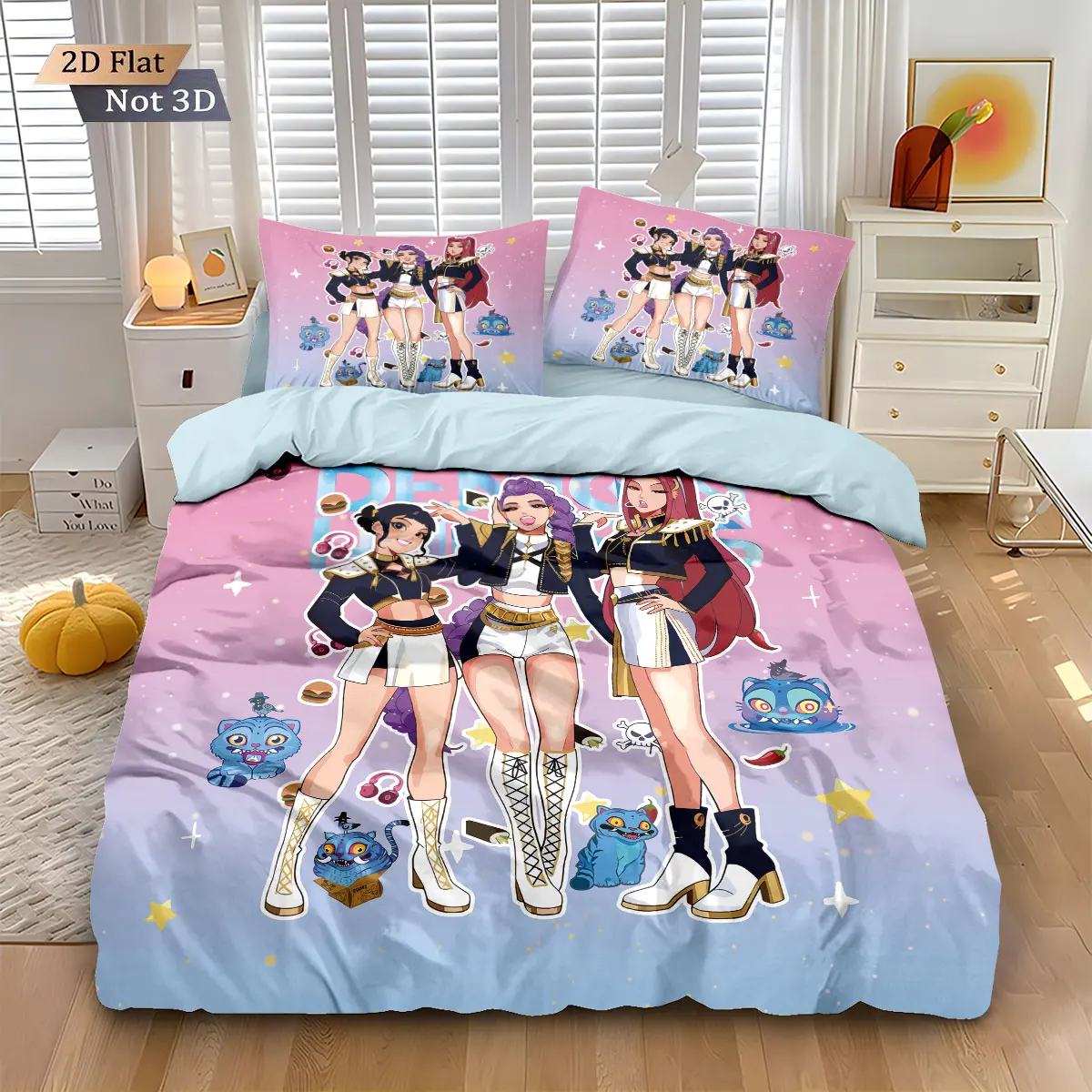 3pcs K-Pop Demon Hunters Print coreless Bedding Set Multi Sized Bedding Dormitory duvet Cover Soft Decoration, Machine Washable
