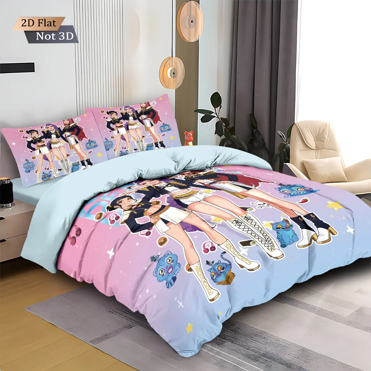 3pcs K-Pop Demon Hunters Print coreless Bedding Set Multi Sized Bedding Dormitory duvet Cover Soft Decoration, Machine Washable