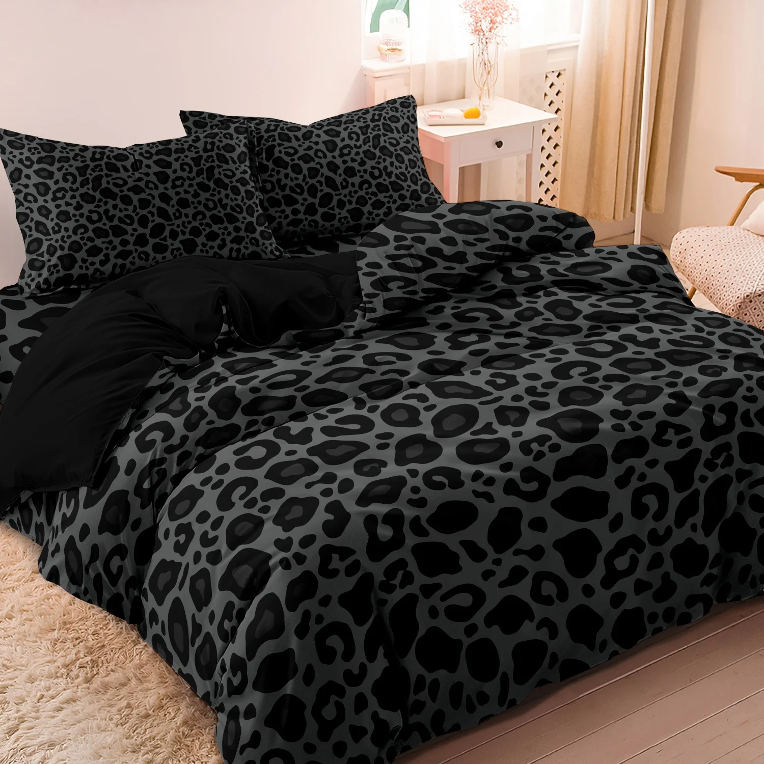3pcs Dark Leopard Print Fashion Duvet Cover Set（1Duvet Cover + 2 Pillowwases） High-Definition Printed LuxuryBedding Set