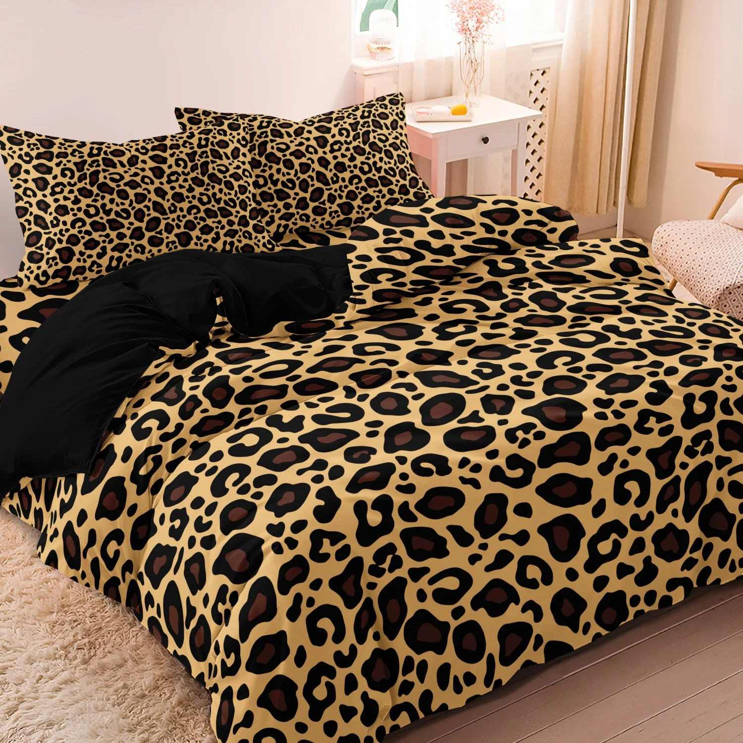 3pcs Dark Leopard Print Fashion Duvet Cover Set（1Duvet Cover + 2 Pillowwases） High-Definition Printed LuxuryBedding Set