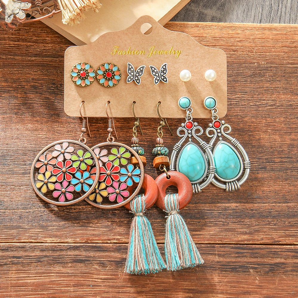 Boho Ethnic Style Dangle Earrings Ancient Silver Statement Geometric Handmade Vintage Jewelry Daily Wear Party Decors Versatile