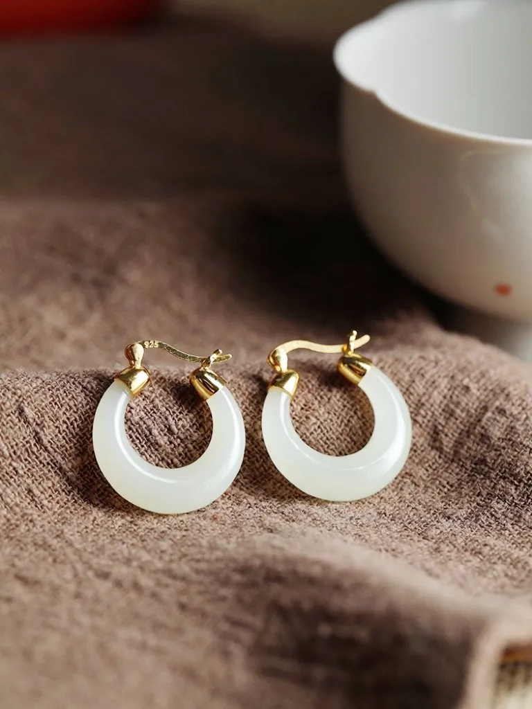 Natural White Jade Crescent Hoop Earrings Women Fine Jewelry Genuine Hetian Jades Nephrite Crescent Moon Dangle Earring