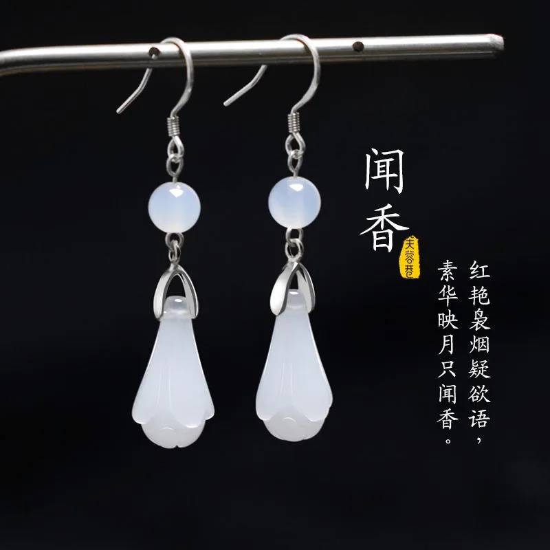 Natural White Jade Crescent Hoop Earrings Women Fine Jewelry Genuine Hetian Jades Nephrite Crescent Moon Dangle Earring