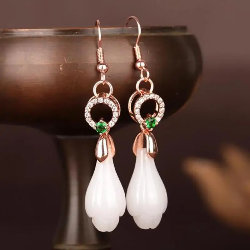 Natural White Jade Crescent Hoop Earrings Women Fine Jewelry Genuine Hetian Jades Nephrite Crescent Moon Dangle Earring