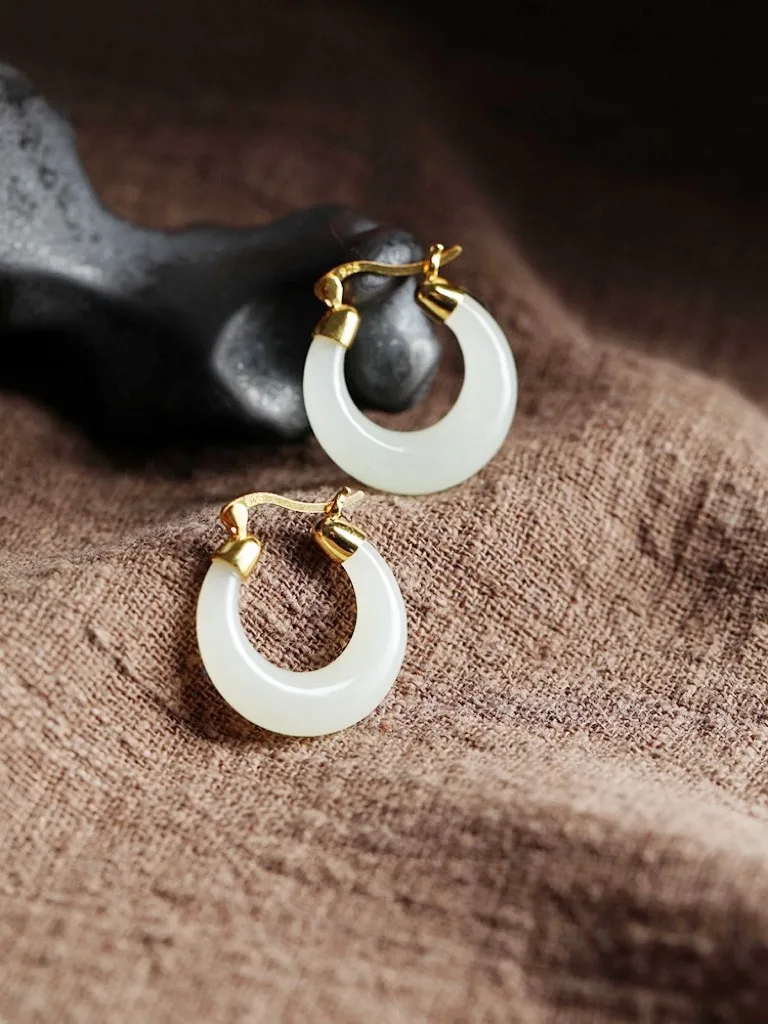 Natural White Jade Crescent Hoop Earrings Women Fine Jewelry Genuine Hetian Jades Nephrite Crescent Moon Dangle Earring