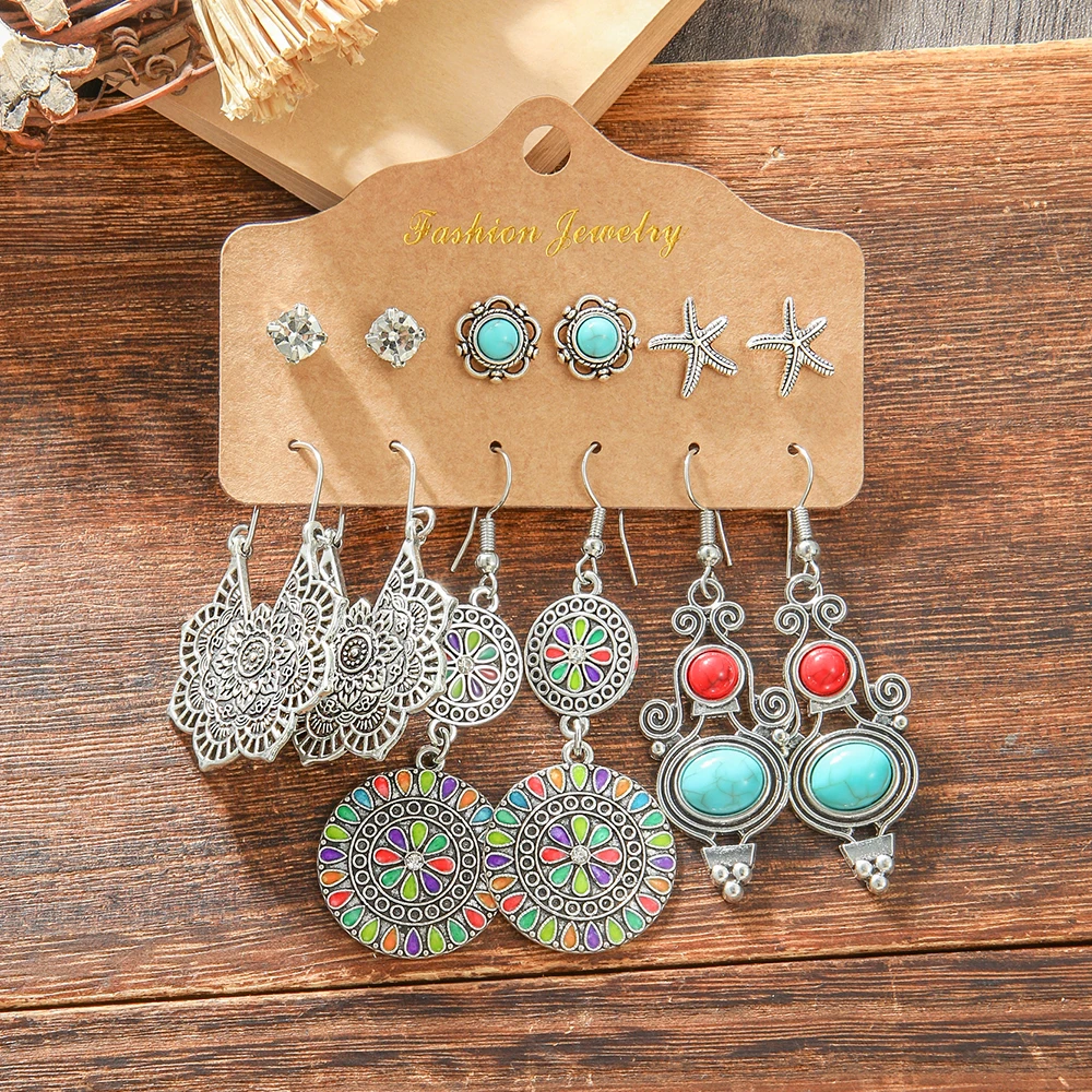 Boho Ethnic Style Dangle Earrings Ancient Silver Statement Geometric Handmade Vintage Jewelry Daily Wear Party Decors Versatile