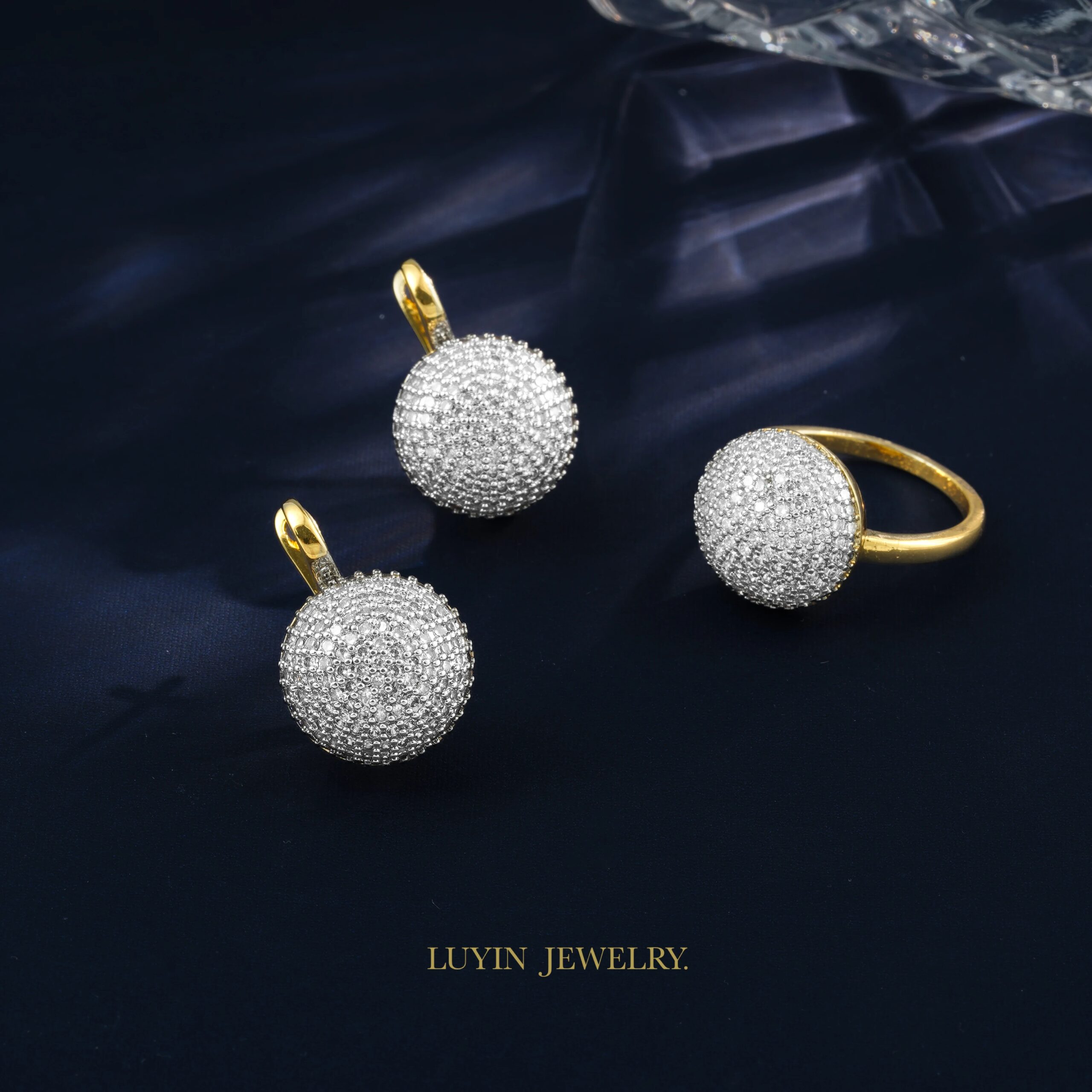 Round Fashion Jewelry Inlaid Cubic Zirconia Earrings Ring Sets For Women Copper Plated 2-Color 14K Gold Luxury Party Accessories