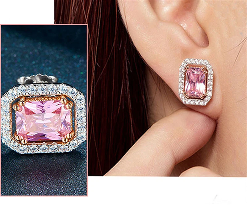 Top Quality Silver Jewelry Sets Pink Quartz Cubic Zircon Ring Earrings Necklace Wedding Exquisite Jewelry Wholesale FCGJHW