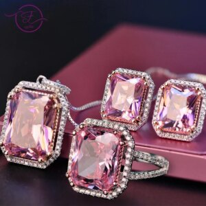 Top Quality Silver Jewelry Sets Pink Quartz Cubic Zircon Ring Earrings Necklace Wedding Exquisite Jewelry Wholesale FCGJHW