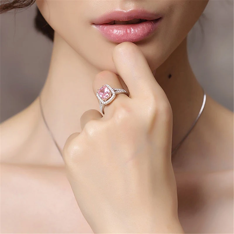 Top Quality Silver Jewelry Sets Pink Quartz Cubic Zircon Ring Earrings Necklace Wedding Exquisite Jewelry Wholesale FCGJHW