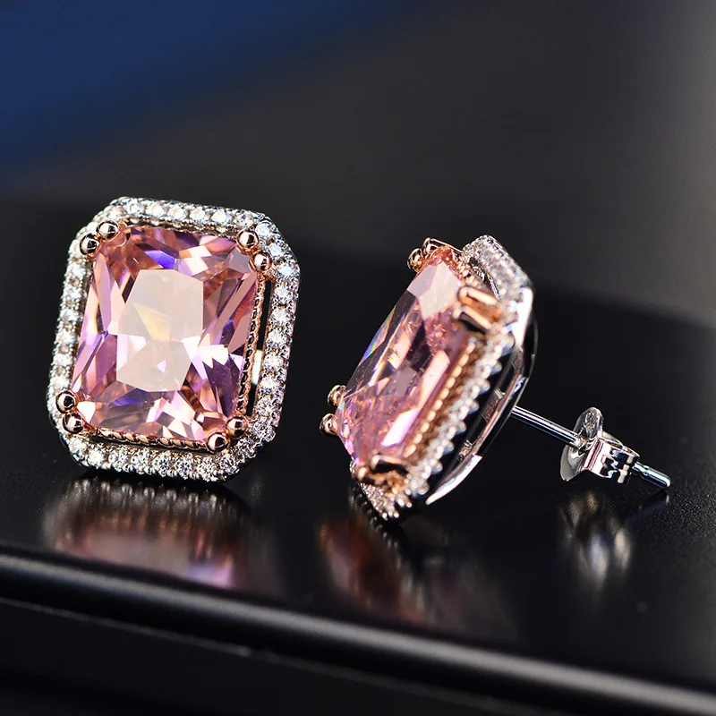 Top Quality Silver Jewelry Sets Pink Quartz Cubic Zircon Ring Earrings Necklace Wedding Exquisite Jewelry Wholesale FCGJHW