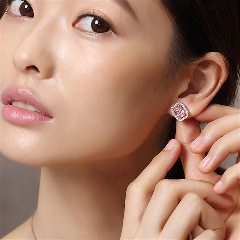 Top Quality Silver Jewelry Sets Pink Quartz Cubic Zircon Ring Earrings Necklace Wedding Exquisite Jewelry Wholesale FCGJHW