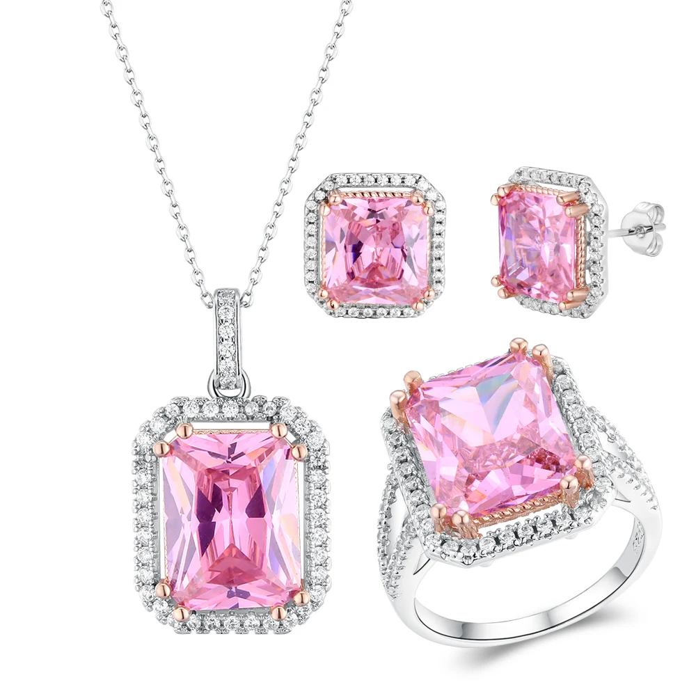 Top Quality Silver Jewelry Sets Pink Quartz Cubic Zircon Ring Earrings Necklace Wedding Exquisite Jewelry Wholesale FCGJHW