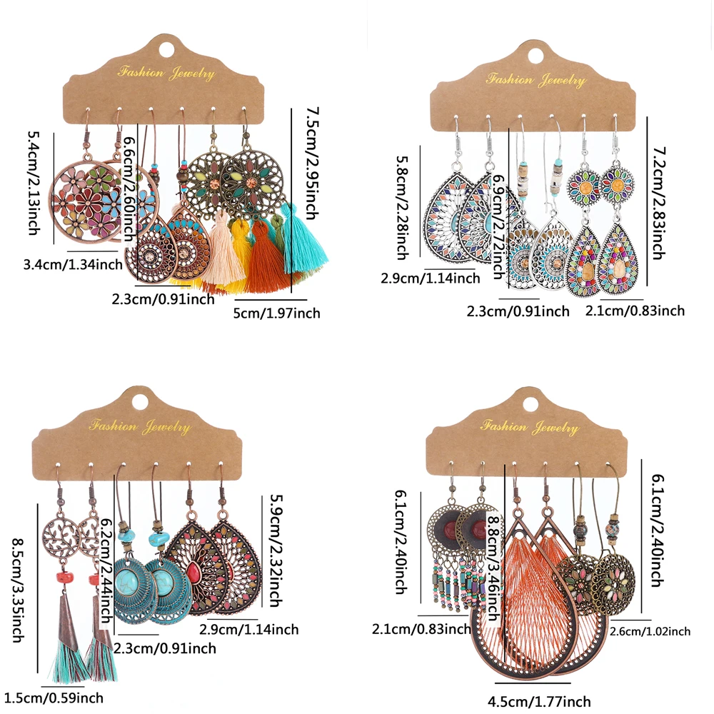 Boho Vintage Dangle Earrings for Women&Girls Tassel Earrings Set Geometric Statement Chic Exaggerating Jewelry Daily Wear Party