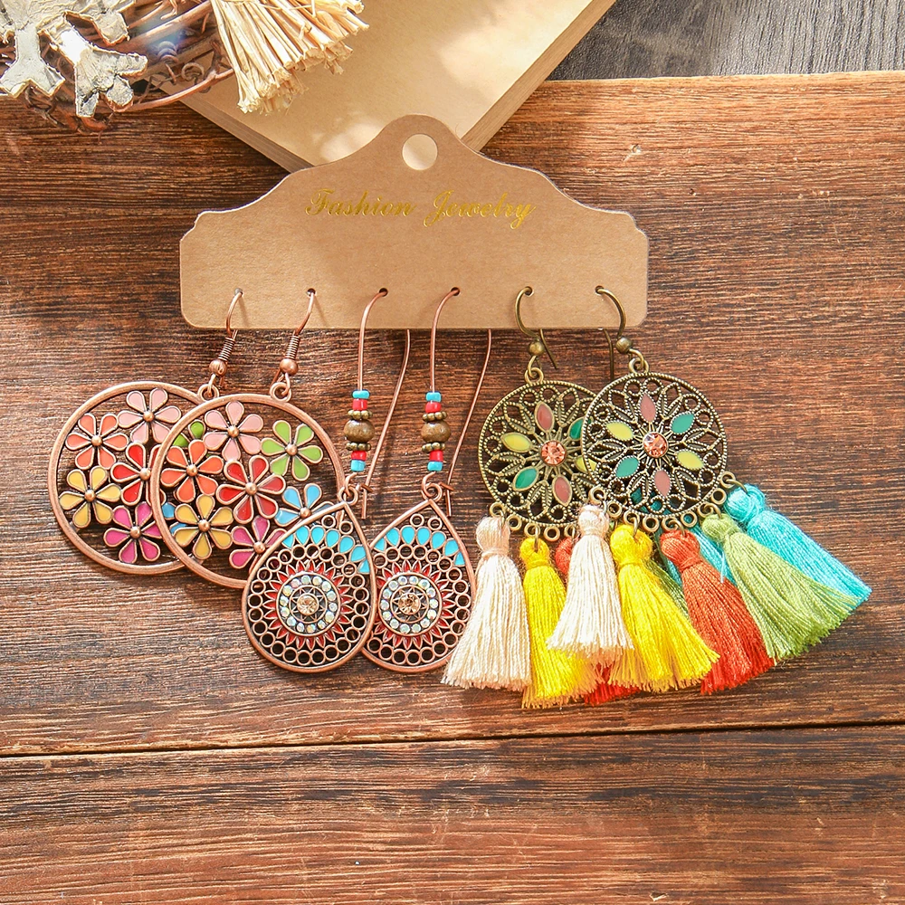 Boho Vintage Dangle Earrings for Women&Girls Tassel Earrings Set Geometric Statement Chic Exaggerating Jewelry Daily Wear Party
