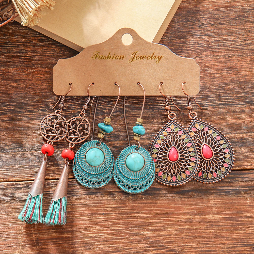 Boho Vintage Dangle Earrings for Women&Girls Tassel Earrings Set Geometric Statement Chic Exaggerating Jewelry Daily Wear Party
