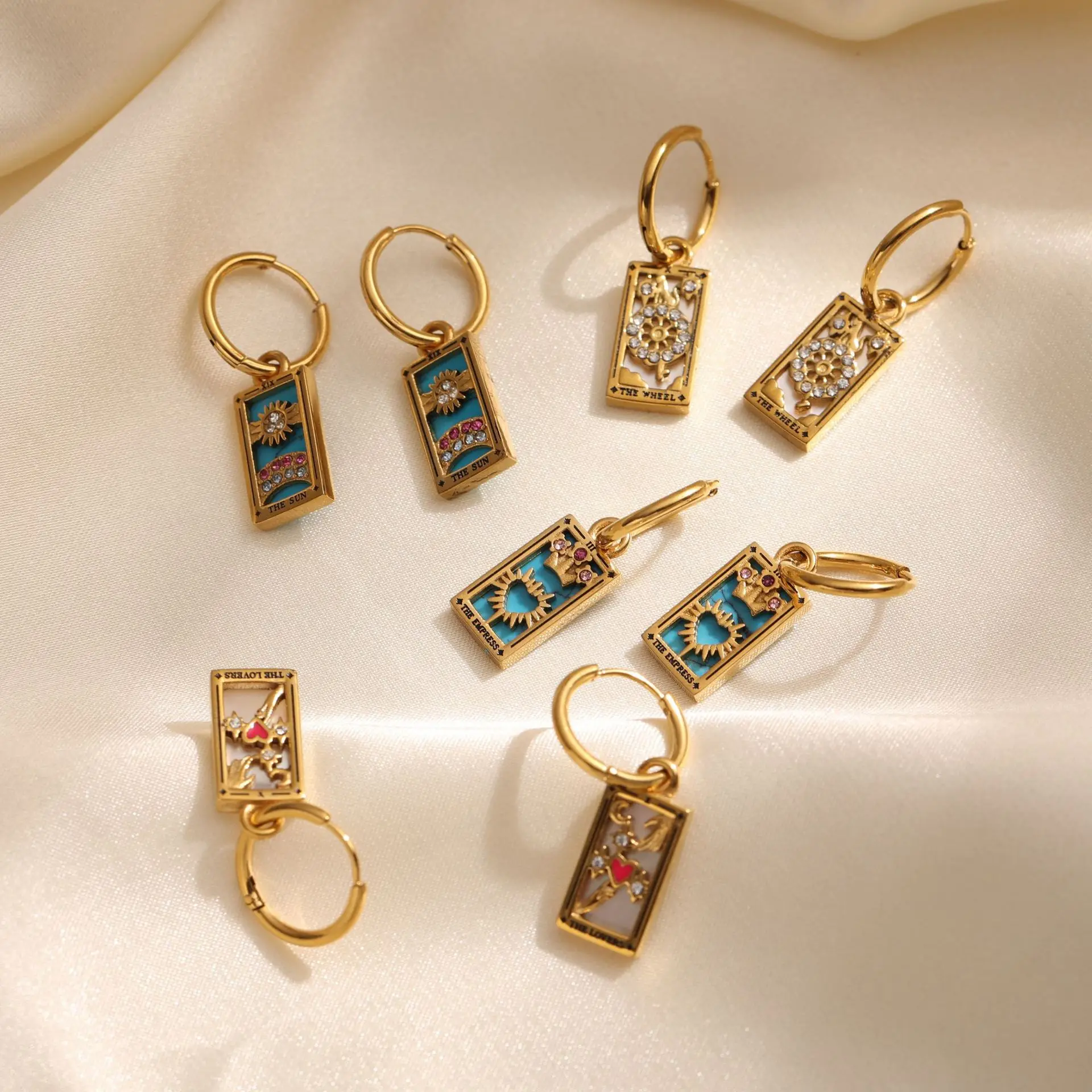 New Tarot Cards Chunky Hoop Earrings for Women Stainless Steel Original Tarot Queen Lover Magician Moon Drop Earrings Jewelry