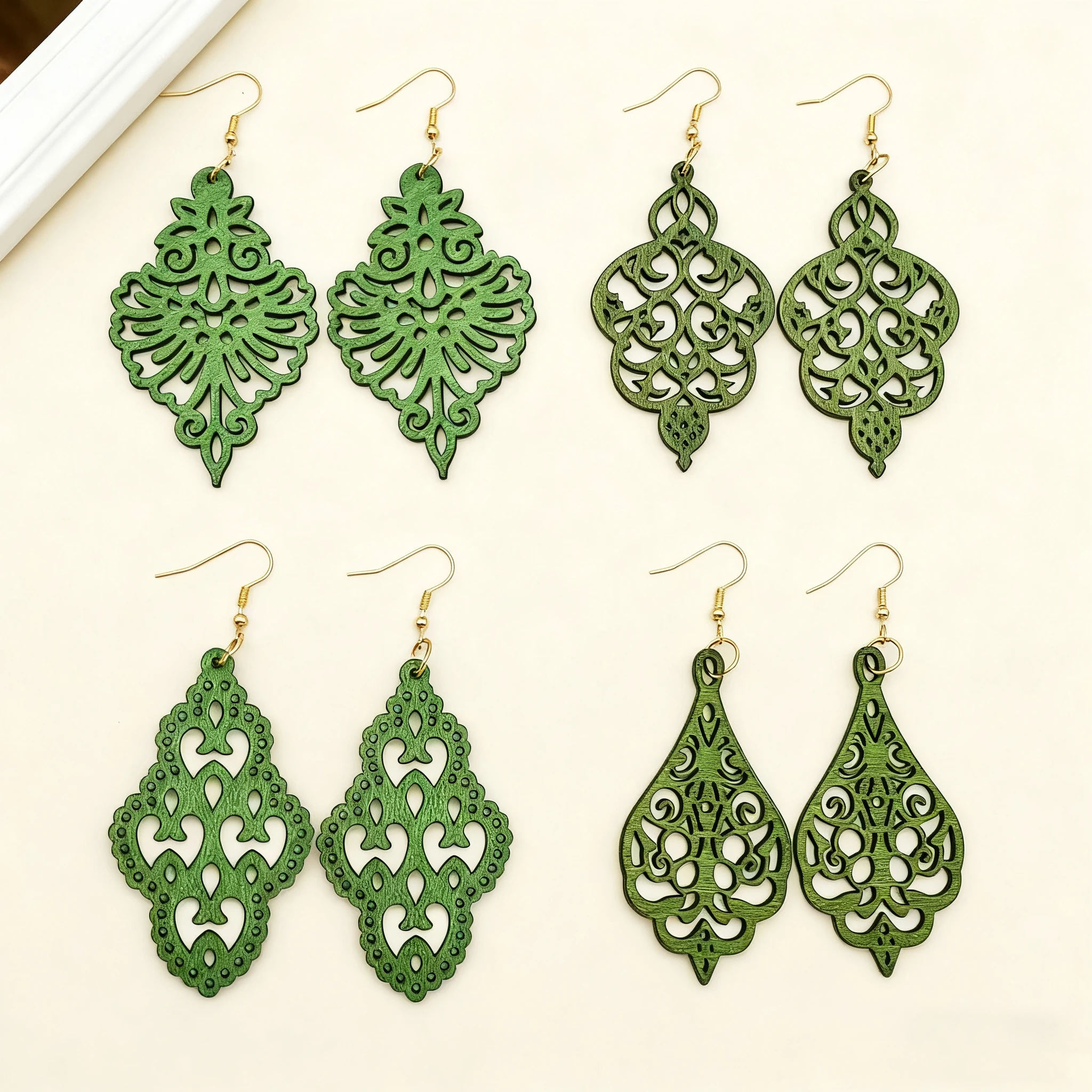 16 Pairs/Sets of Geometric Wood Hollow-Carved Pattern Earrings for Women, Autumn and Winter Ethnic-Style Earrings, Suitable for [Wearing].