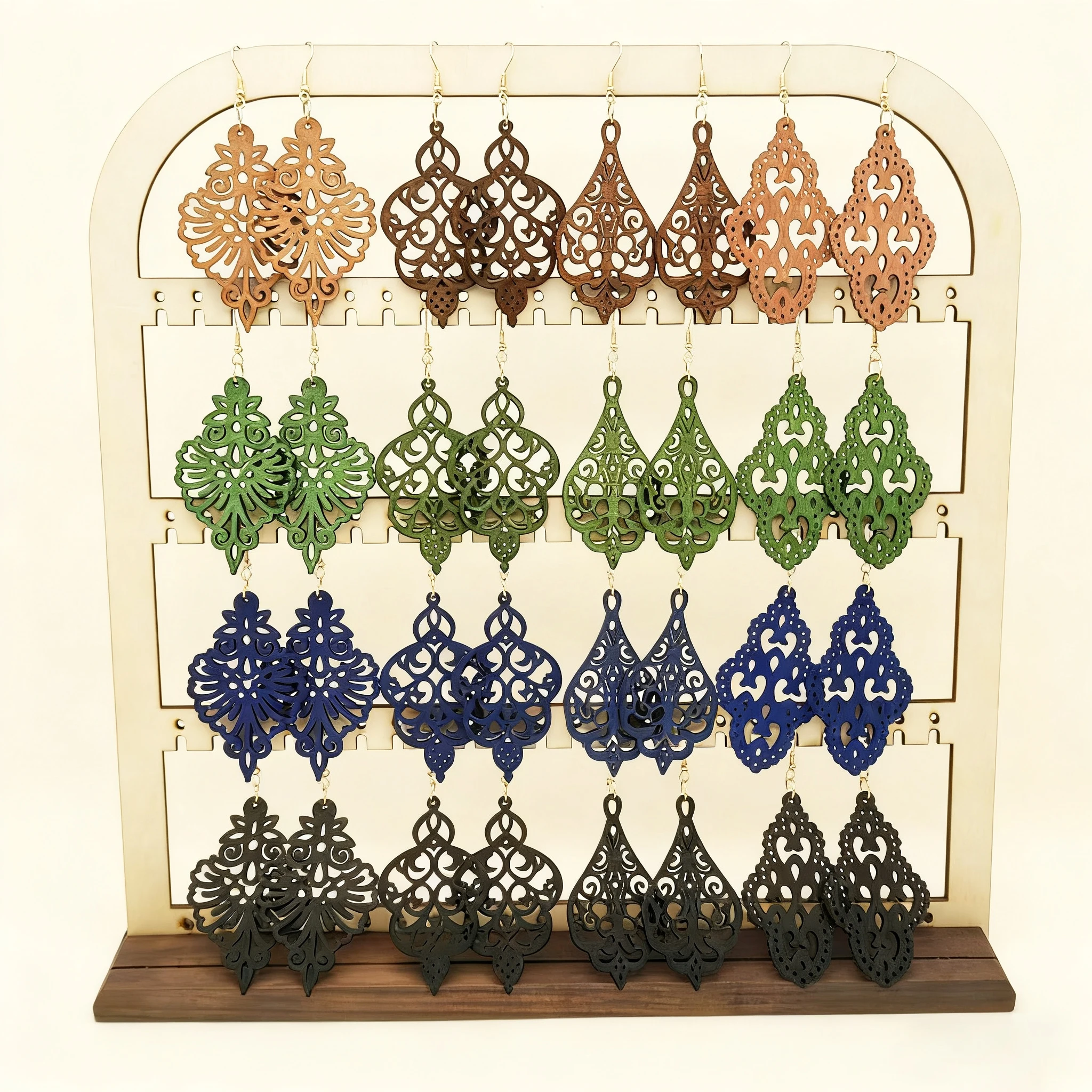 16 Pairs/Sets of Geometric Wood Hollow-Carved Pattern Earrings for Women, Autumn and Winter Ethnic-Style Earrings, Suitable for [Wearing].