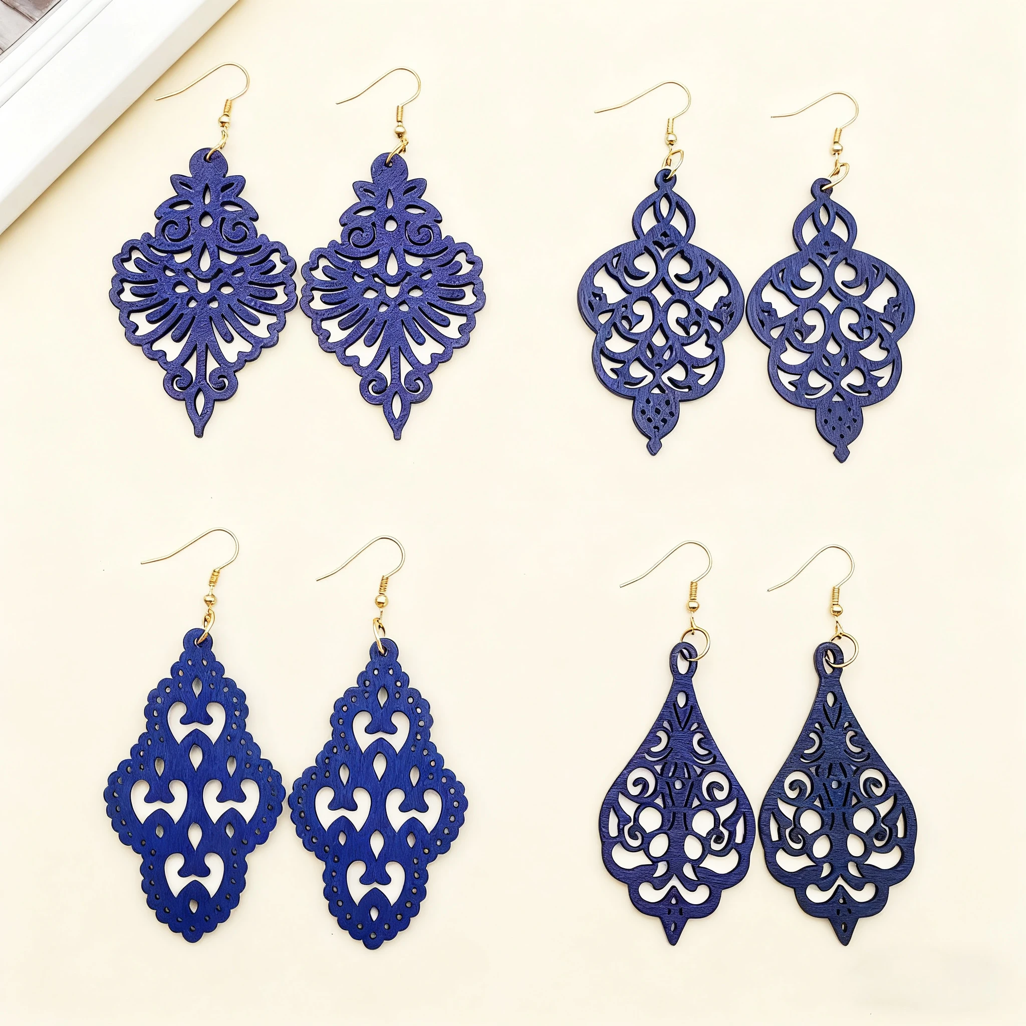 16 Pairs/Sets of Geometric Wood Hollow-Carved Pattern Earrings for Women, Autumn and Winter Ethnic-Style Earrings, Suitable for [Wearing].