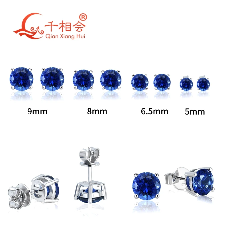 Lab Created royal Blue/Cornflower blue Sapphire Ear Stud 5-9mm with inclusions round Shape S925 Silver earrings Jewelry