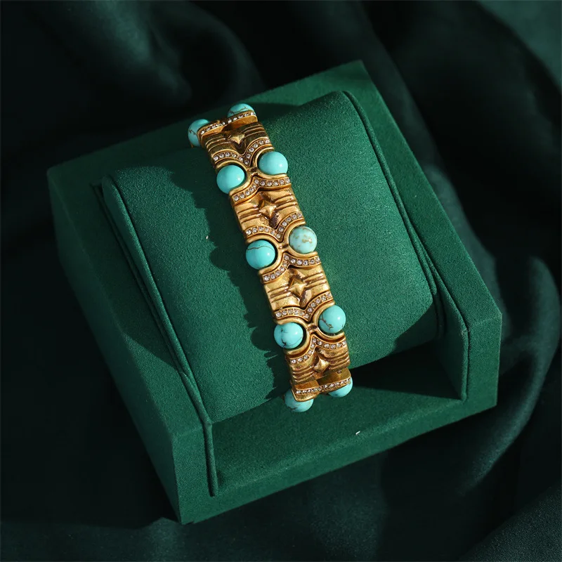 Vintage Blue Natural Stone Inlaid with Rhinestones Bangle Crystal Wide Bracelets Elastic Bamboo Knot Bohemian Handmade Jewelry