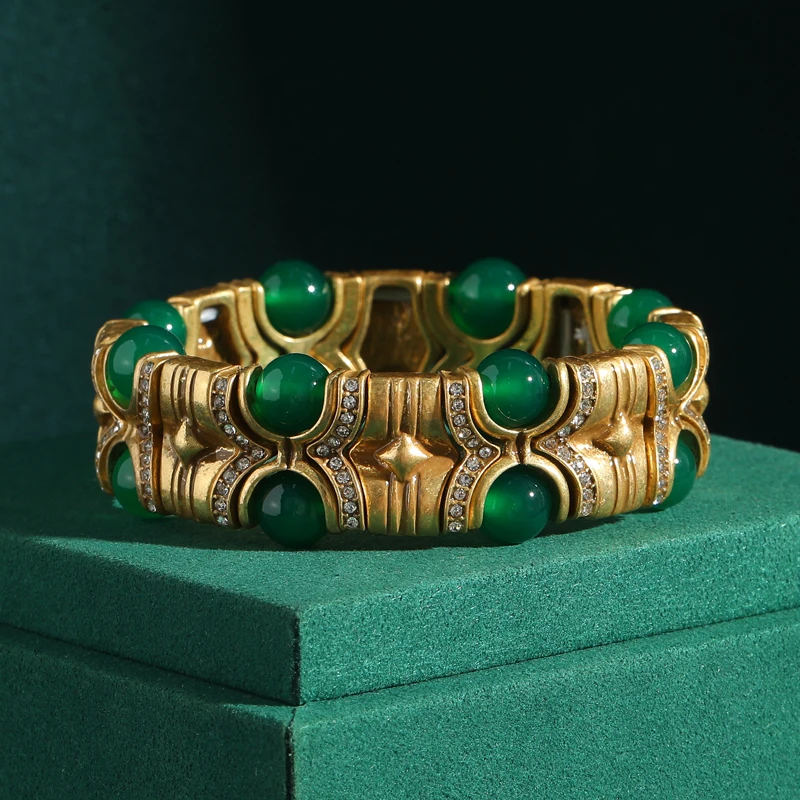 Vintage Blue Natural Stone Inlaid with Rhinestones Bangle Crystal Wide Bracelets Elastic Bamboo Knot Bohemian Handmade Jewelry