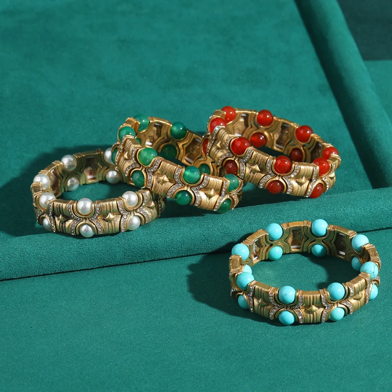 Vintage Blue Natural Stone Inlaid with Rhinestones Bangle Crystal Wide Bracelets Elastic Bamboo Knot Bohemian Handmade Jewelry