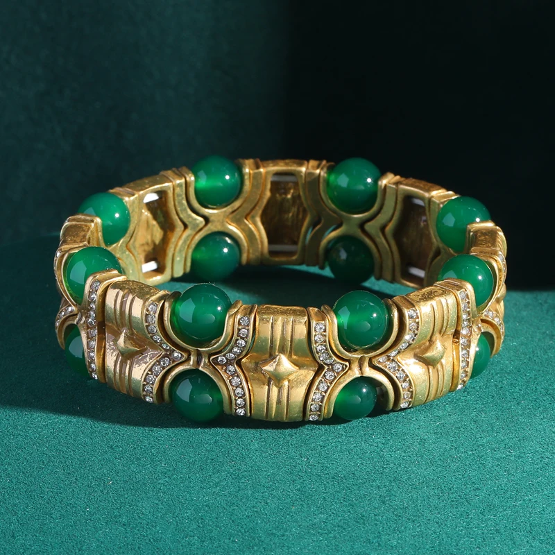 Vintage Blue Natural Stone Inlaid with Rhinestones Bangle Crystal Wide Bracelets Elastic Bamboo Knot Bohemian Handmade Jewelry