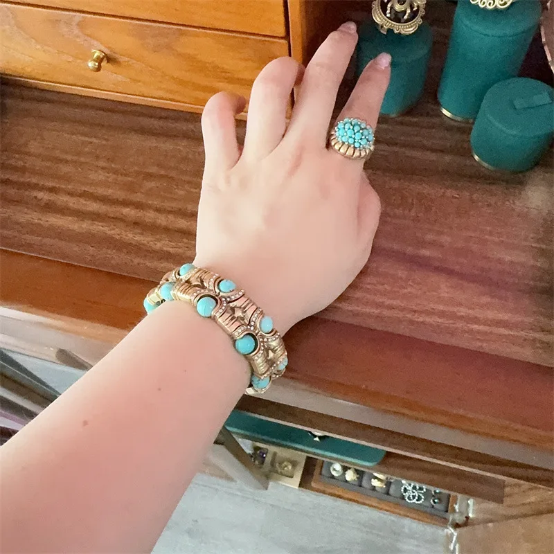 Vintage Blue Natural Stone Inlaid with Rhinestones Bangle Crystal Wide Bracelets Elastic Bamboo Knot Bohemian Handmade Jewelry