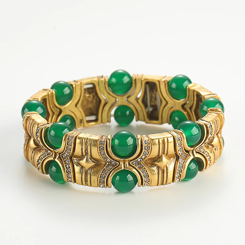 Vintage Blue Natural Stone Inlaid with Rhinestones Bangle Crystal Wide Bracelets Elastic Bamboo Knot Bohemian Handmade Jewelry