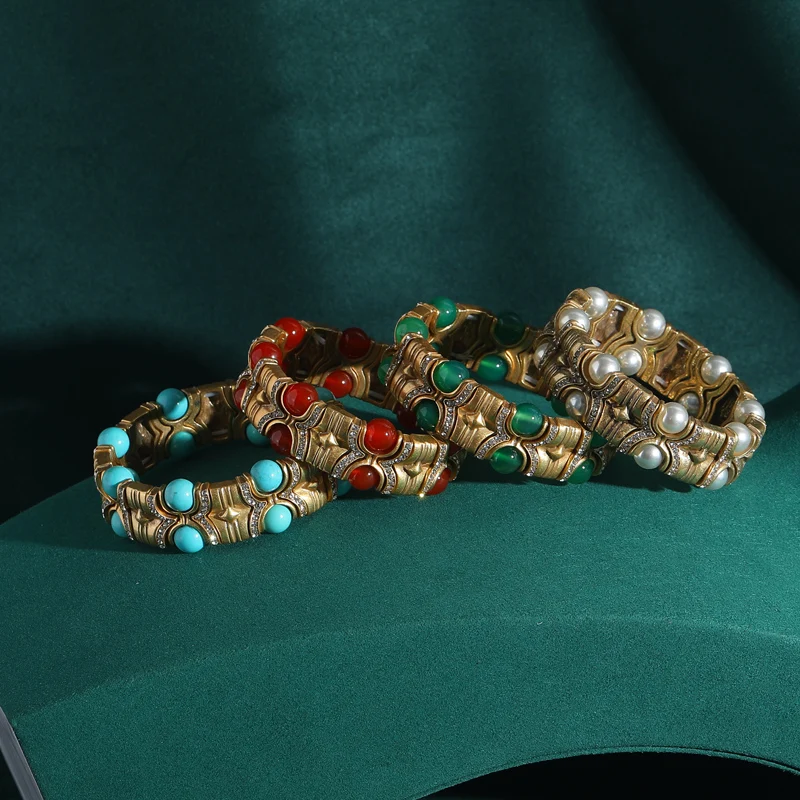 Vintage Blue Natural Stone Inlaid with Rhinestones Bangle Crystal Wide Bracelets Elastic Bamboo Knot Bohemian Handmade Jewelry