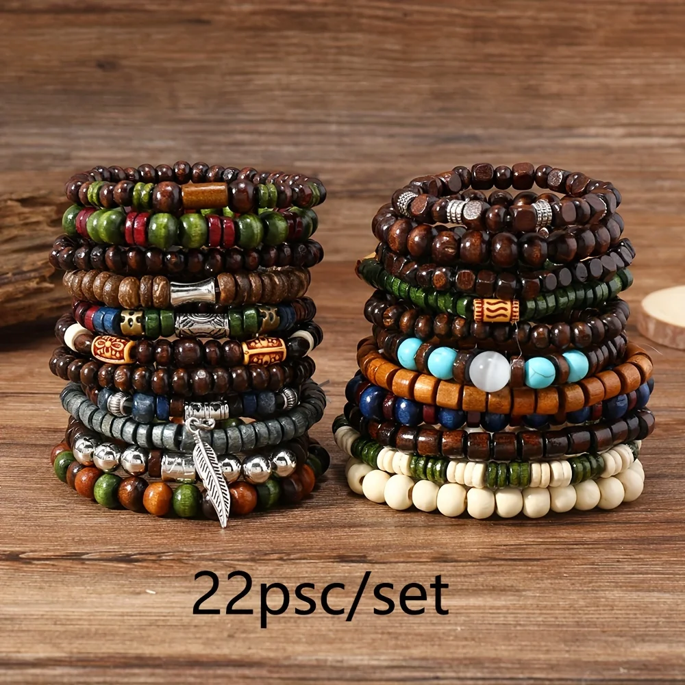 A set of 25 vintage Bohemian style wooden bead bracelets, synthetic turquoise and cat's eye beads, fashionable layered bracelet