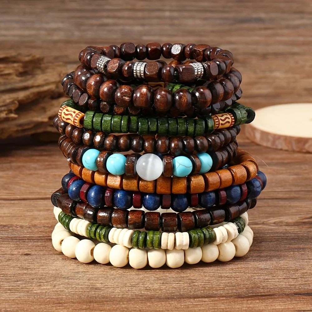 A set of 25 vintage Bohemian style wooden bead bracelets, synthetic turquoise and cat's eye beads, fashionable layered bracelet