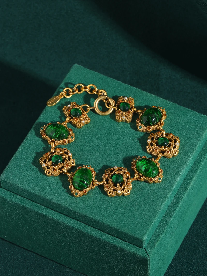 Vintage Gold Color Green Agate Bracelets For Women Natural Stone Colorful Rhinestones Round Antique Jewelry Accessories Boho