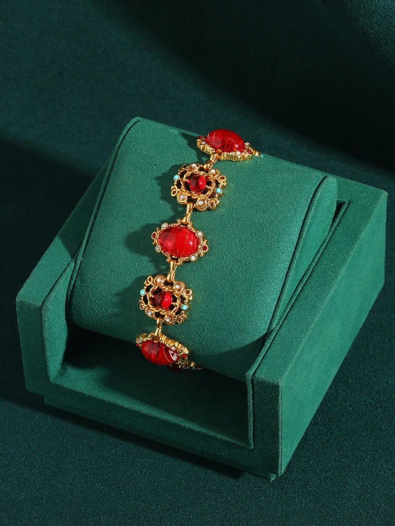 Vintage Gold Color Green Agate Bracelets For Women Natural Stone Colorful Rhinestones Round Antique Jewelry Accessories Boho