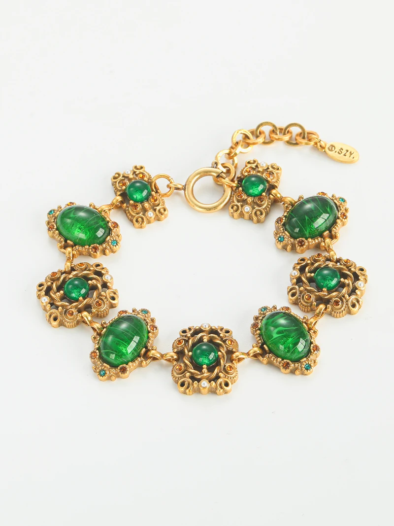 Vintage Gold Color Green Agate Bracelets For Women Natural Stone Colorful Rhinestones Round Antique Jewelry Accessories Boho