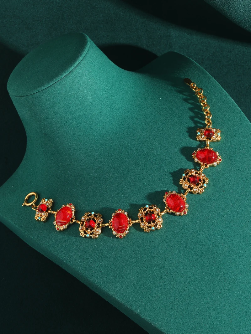 Vintage Gold Color Green Agate Bracelets For Women Natural Stone Colorful Rhinestones Round Antique Jewelry Accessories Boho