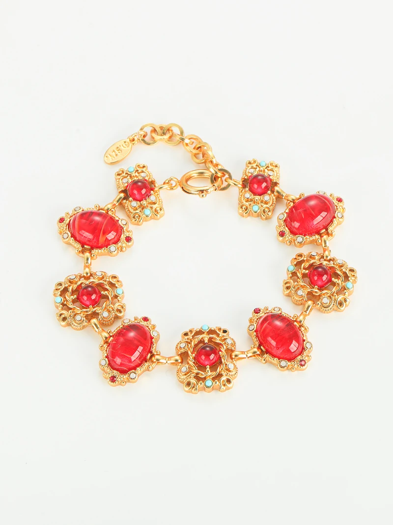 Vintage Gold Color Green Agate Bracelets For Women Natural Stone Colorful Rhinestones Round Antique Jewelry Accessories Boho