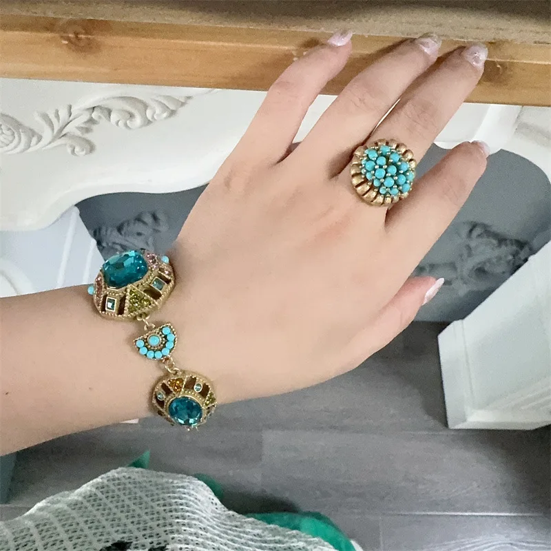 Bohemia Antique Gemstone Charm Bracelet for Women Vintage Boho Beads Square Sea Blue Crystal Bangle Retro Jewelry Ascesorios