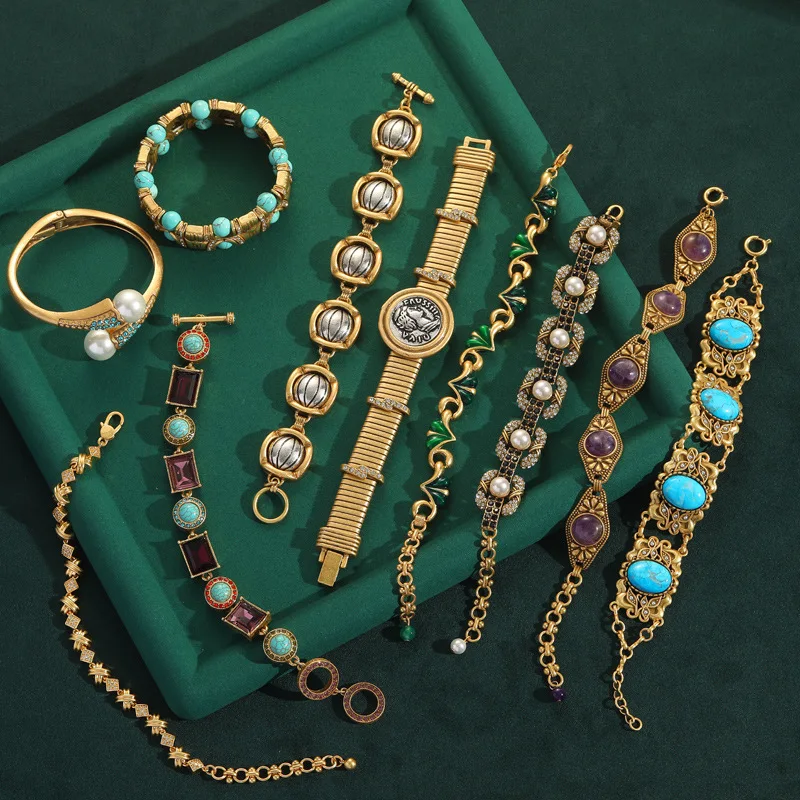 Bohemia Antique Gemstone Charm Bracelet for Women Vintage Boho Beads Square Sea Blue Crystal Bangle Retro Jewelry Ascesorios