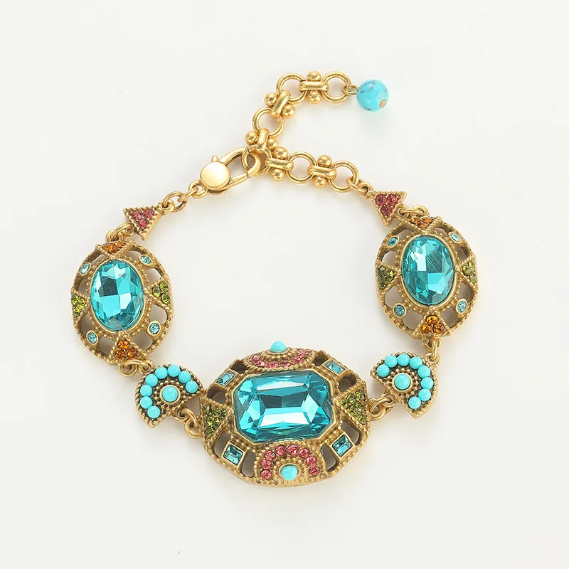 Bohemia Antique Gemstone Charm Bracelet for Women Vintage Boho Beads Square Sea Blue Crystal Bangle Retro Jewelry Ascesorios