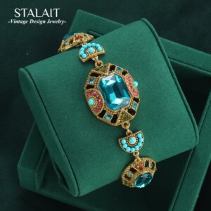 Bohemia Antique Gemstone Charm Bracelet for Women Vintage Boho Beads Square Sea Blue Crystal Bangle Retro Jewelry Ascesorios